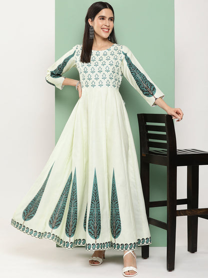 Women's Beige Printed Long Dress With Waist Belt