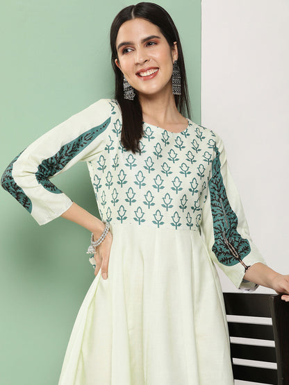 Women's Beige Printed Long Dress With Waist Belt