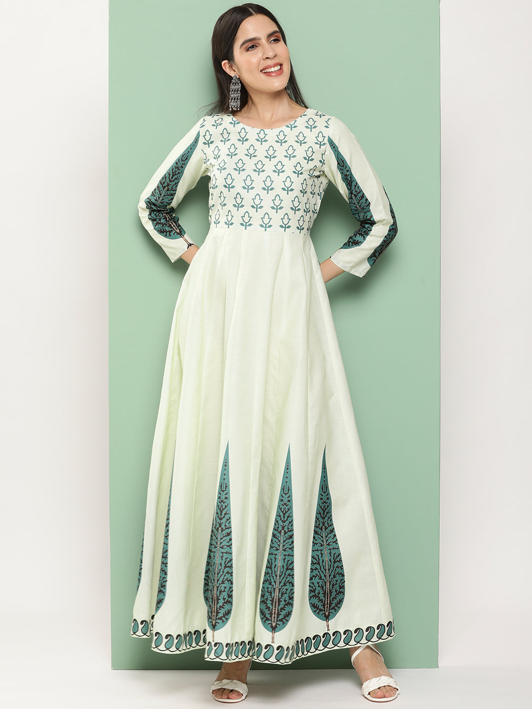 Women's Beige Printed Long Dress With Waist Belt