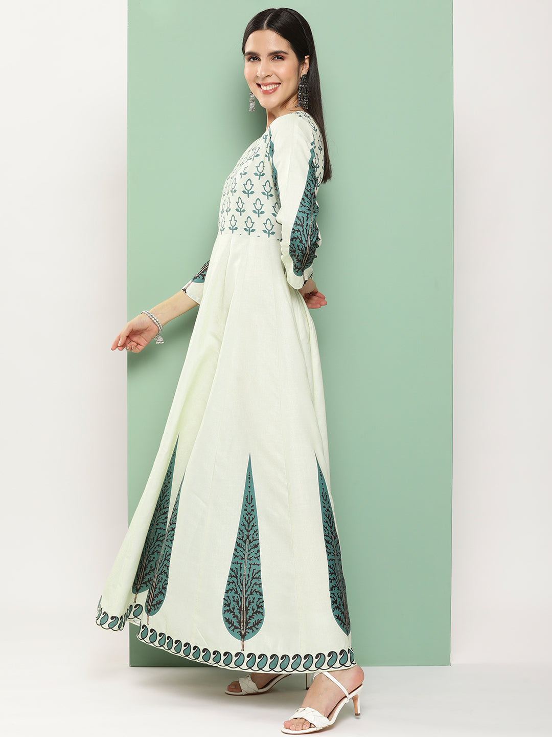 Women's Beige Printed Long Dress With Waist Belt