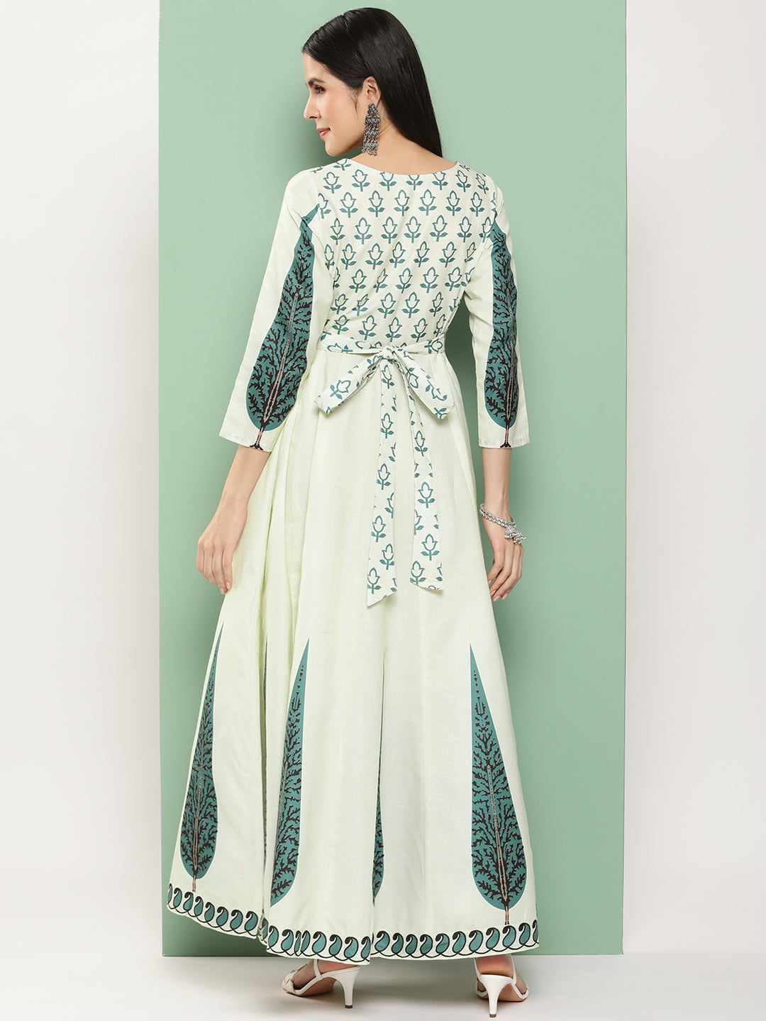 Women's Beige Printed Long Dress With Waist Belt