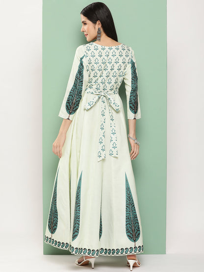 Women's Beige Printed Long Dress With Waist Belt
