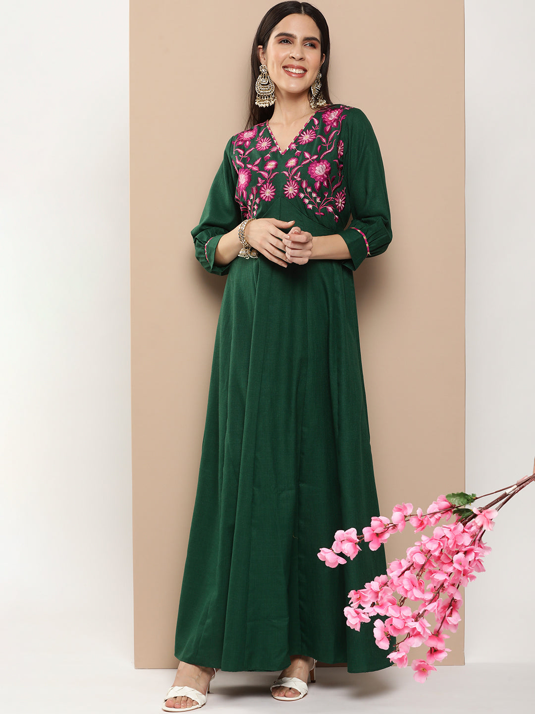 Women's Green Embroidered Long Dress With Waist Belt