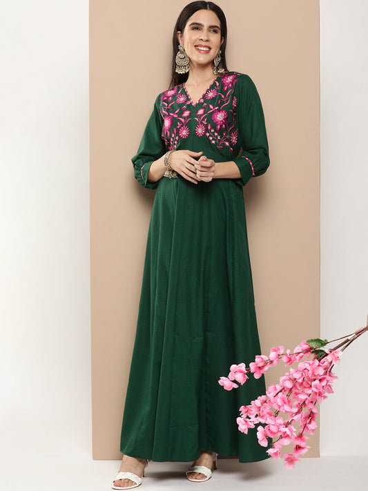 Women's Green Embroidered Long Dress With Waist Belt