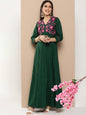 Women's Green Embroidered Long Dress With Waist Belt