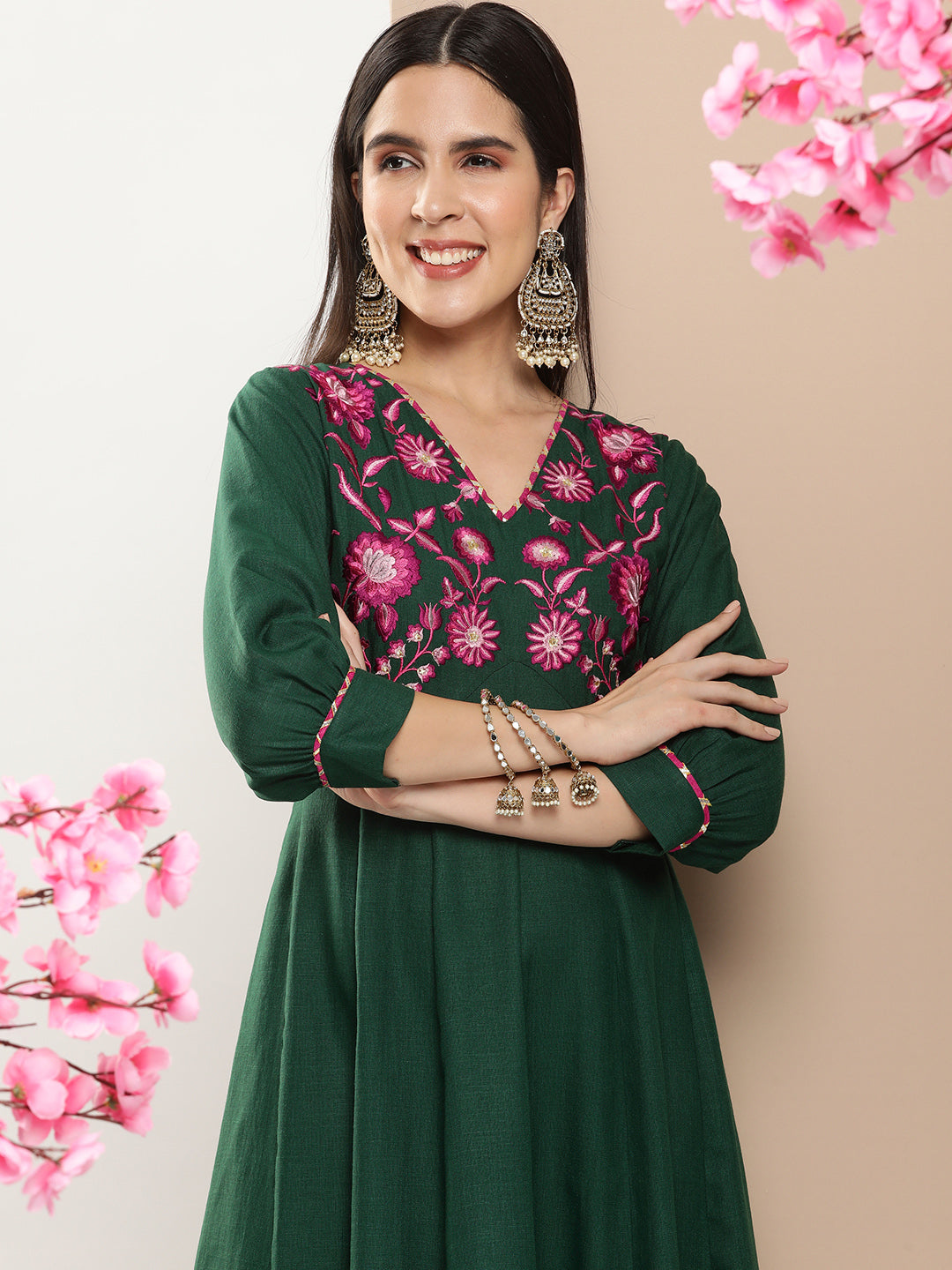 Women's Green Embroidered Long Dress With Waist Belt