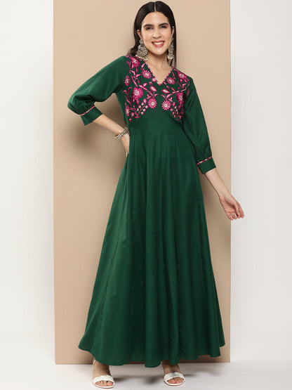 Women's Green Embroidered Long Dress With Waist Belt