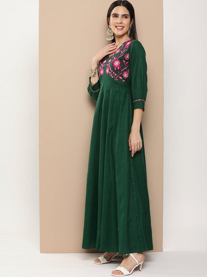Women's Green Embroidered Long Dress With Waist Belt