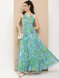 Women's Green Printed Long Dress With Waist Belt
