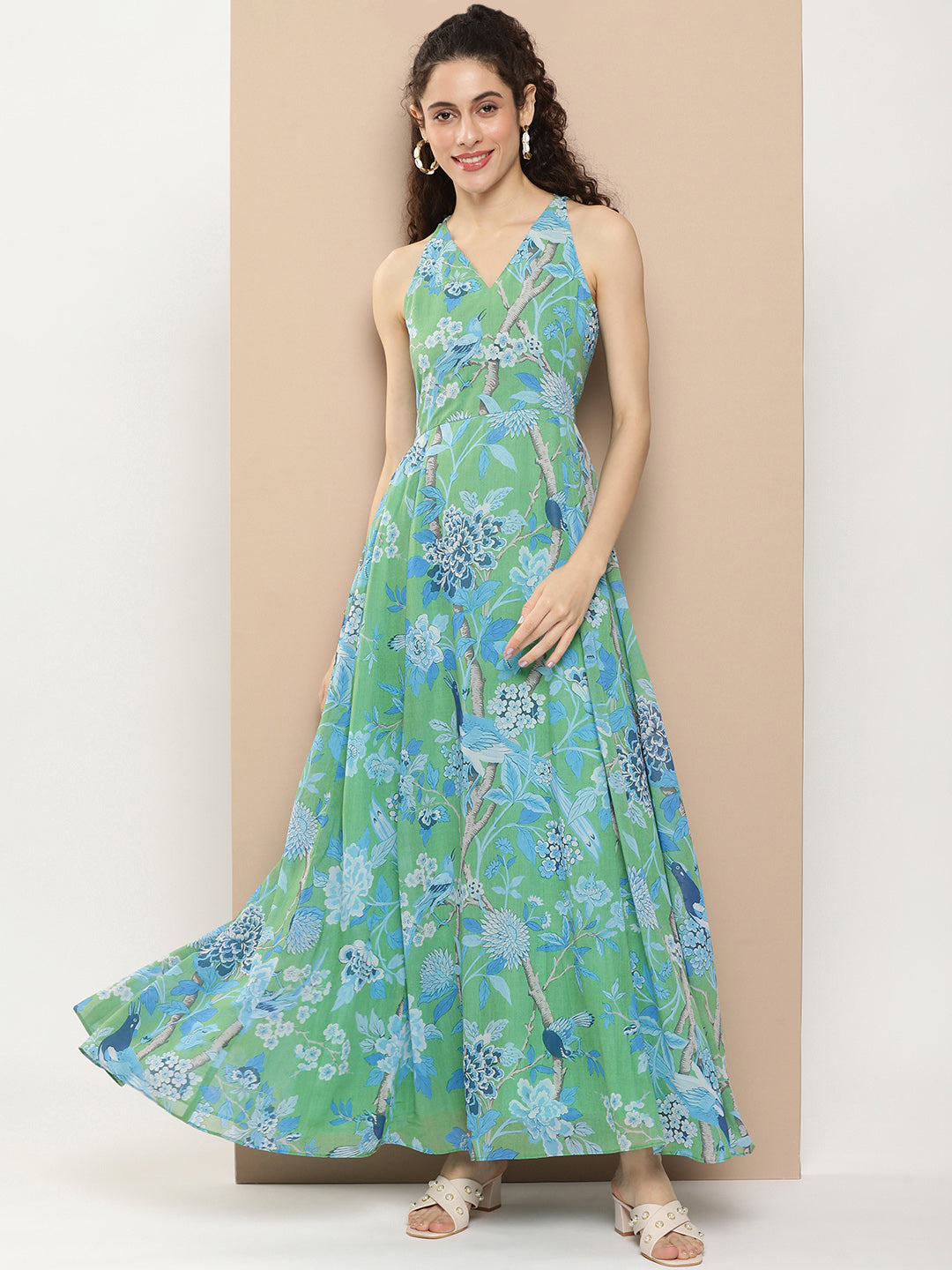Women's Green Printed Long Dress With Waist Belt