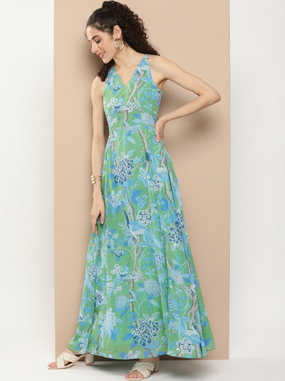 Women's Green Printed Long Dress With Waist Belt