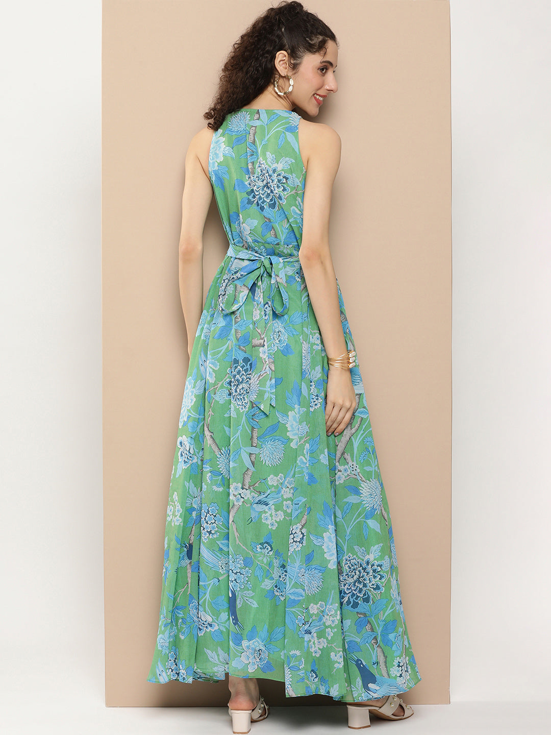 Women's Green Printed Long Dress With Waist Belt