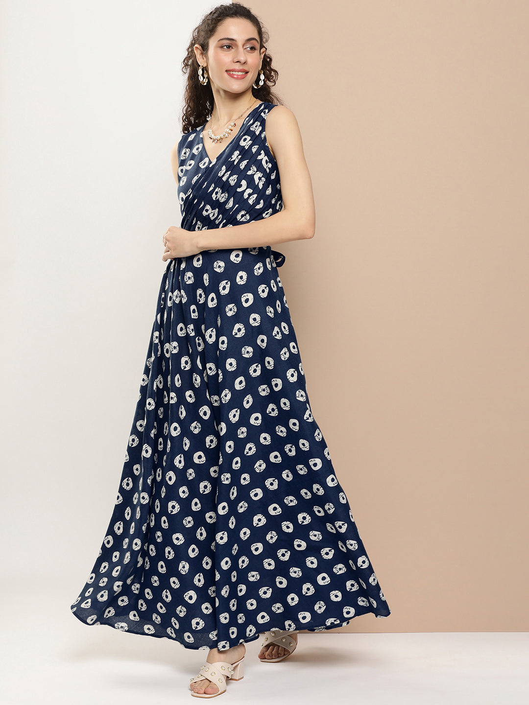Women's Navy Blue Printed Long Dress With Waist Belt