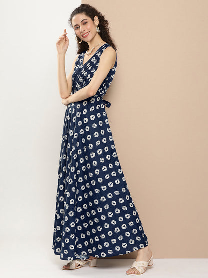 Women's Navy Blue Printed Long Dress With Waist Belt