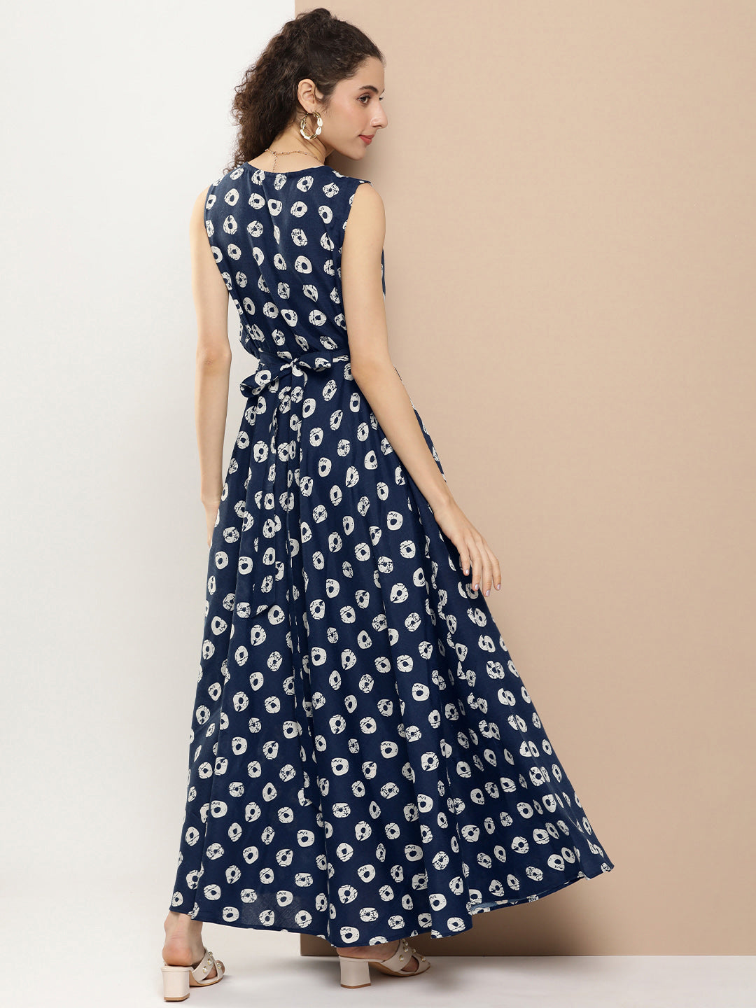 Women's Navy Blue Printed Long Dress With Waist Belt