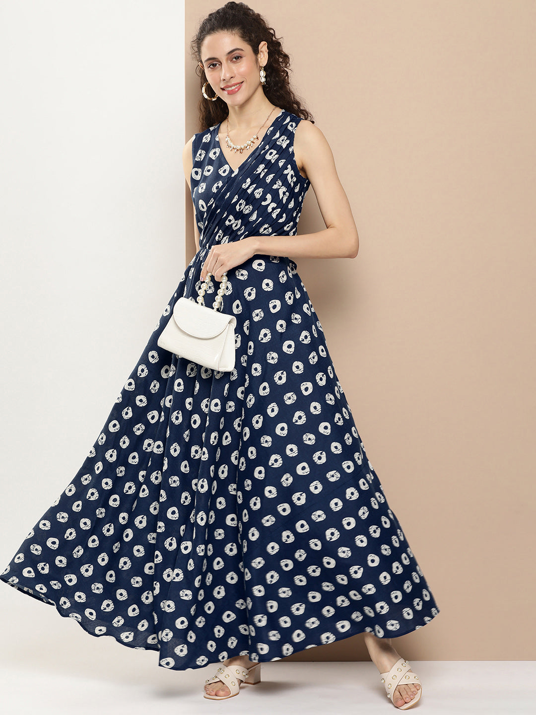 Women's Navy Blue Printed Long Dress With Waist Belt