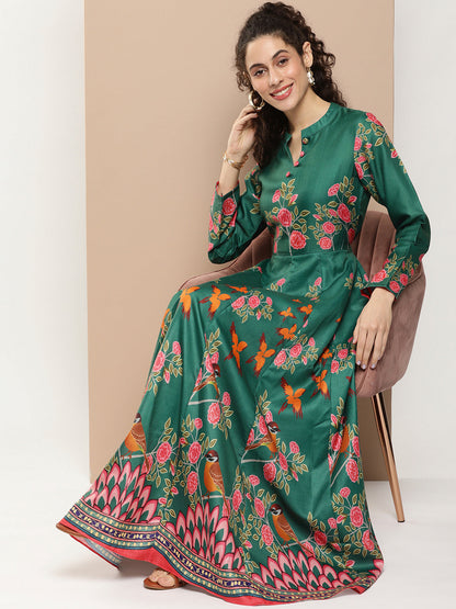 Women's Green Printed Long Dress With Waist Belt