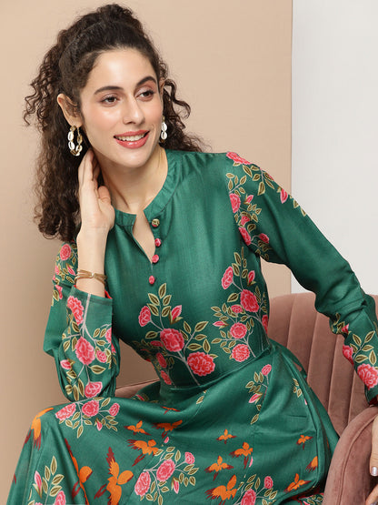 Women's Green Printed Long Dress With Waist Belt