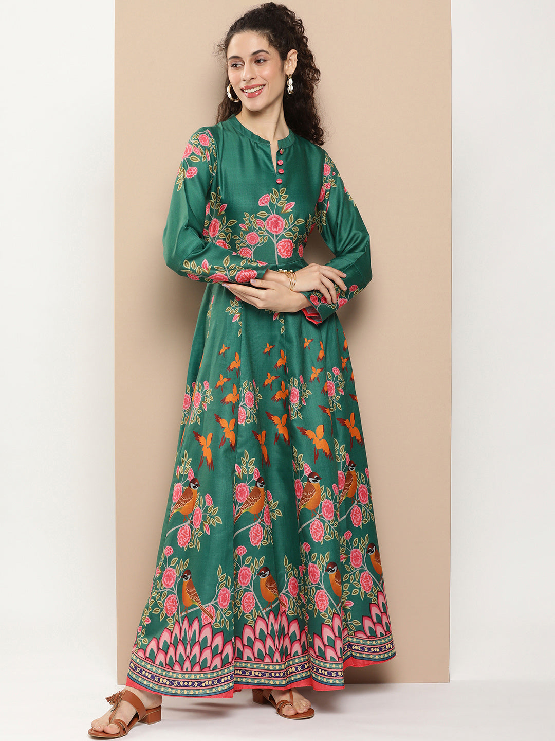 Women's Green Printed Long Dress With Waist Belt