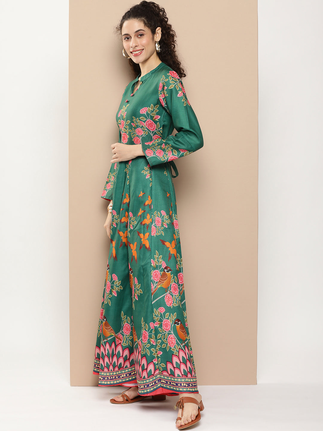 Women's Green Printed Long Dress With Waist Belt