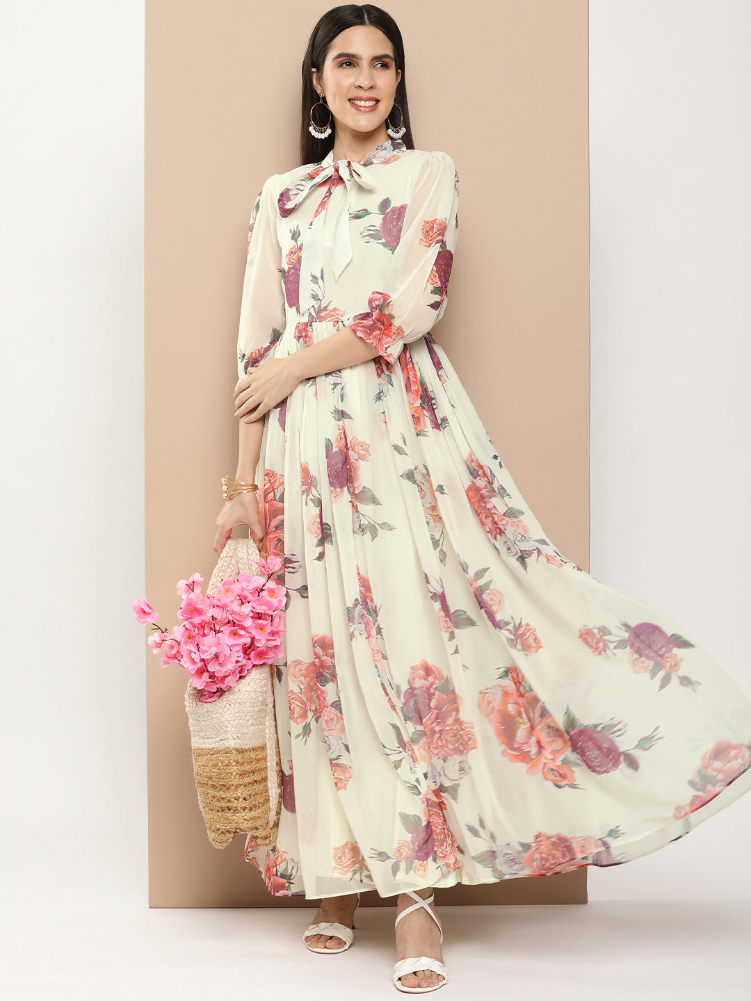 Women's Off White Printed Long Dress With Waist Belt