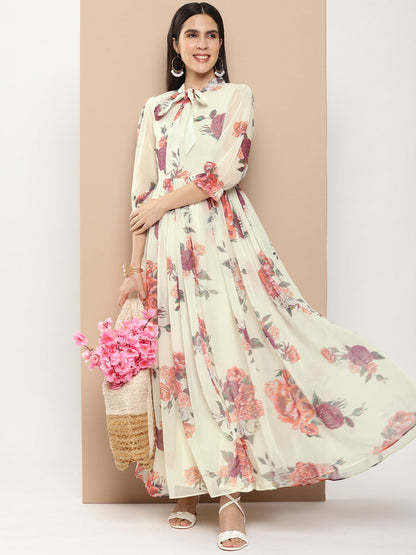 Women's Off White Printed Long Dress With Waist Belt