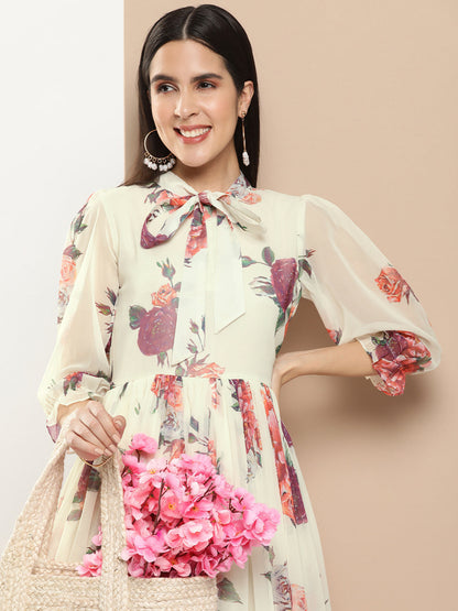 Women's Off White Printed Long Dress With Waist Belt