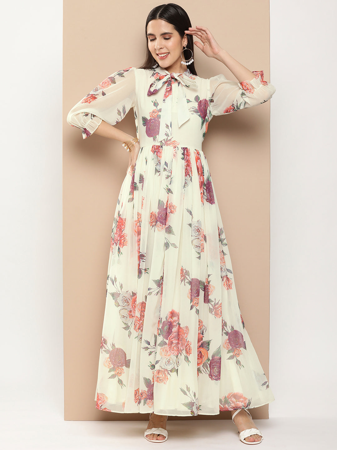 Women's Off White Printed Long Dress With Waist Belt