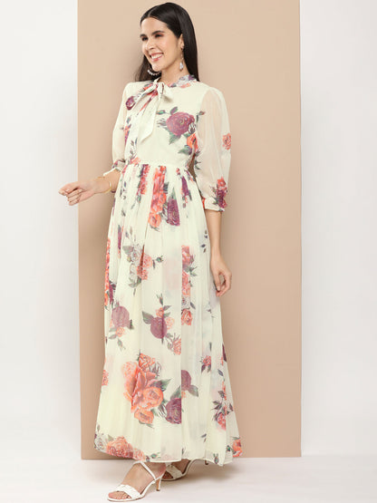 Women's Off White Printed Long Dress With Waist Belt