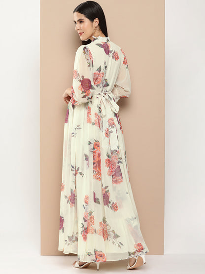 Women's Off White Printed Long Dress With Waist Belt