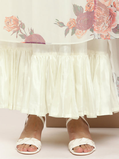 Women's Off White Printed Long Dress With Waist Belt