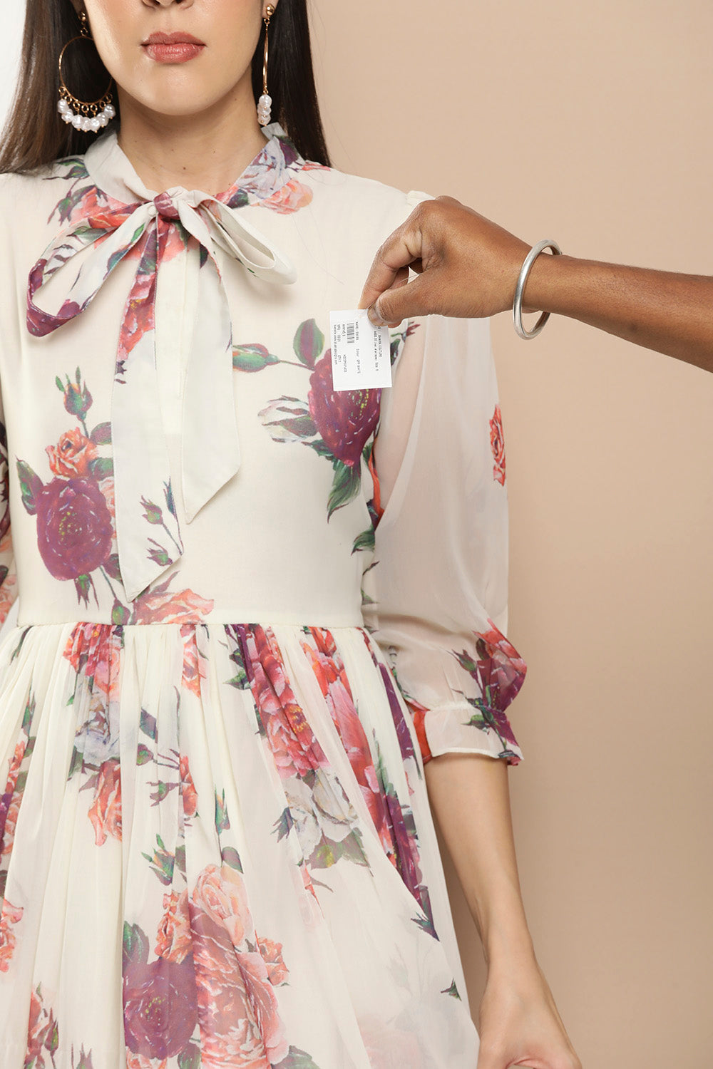 Women's Off White Printed Long Dress With Waist Belt