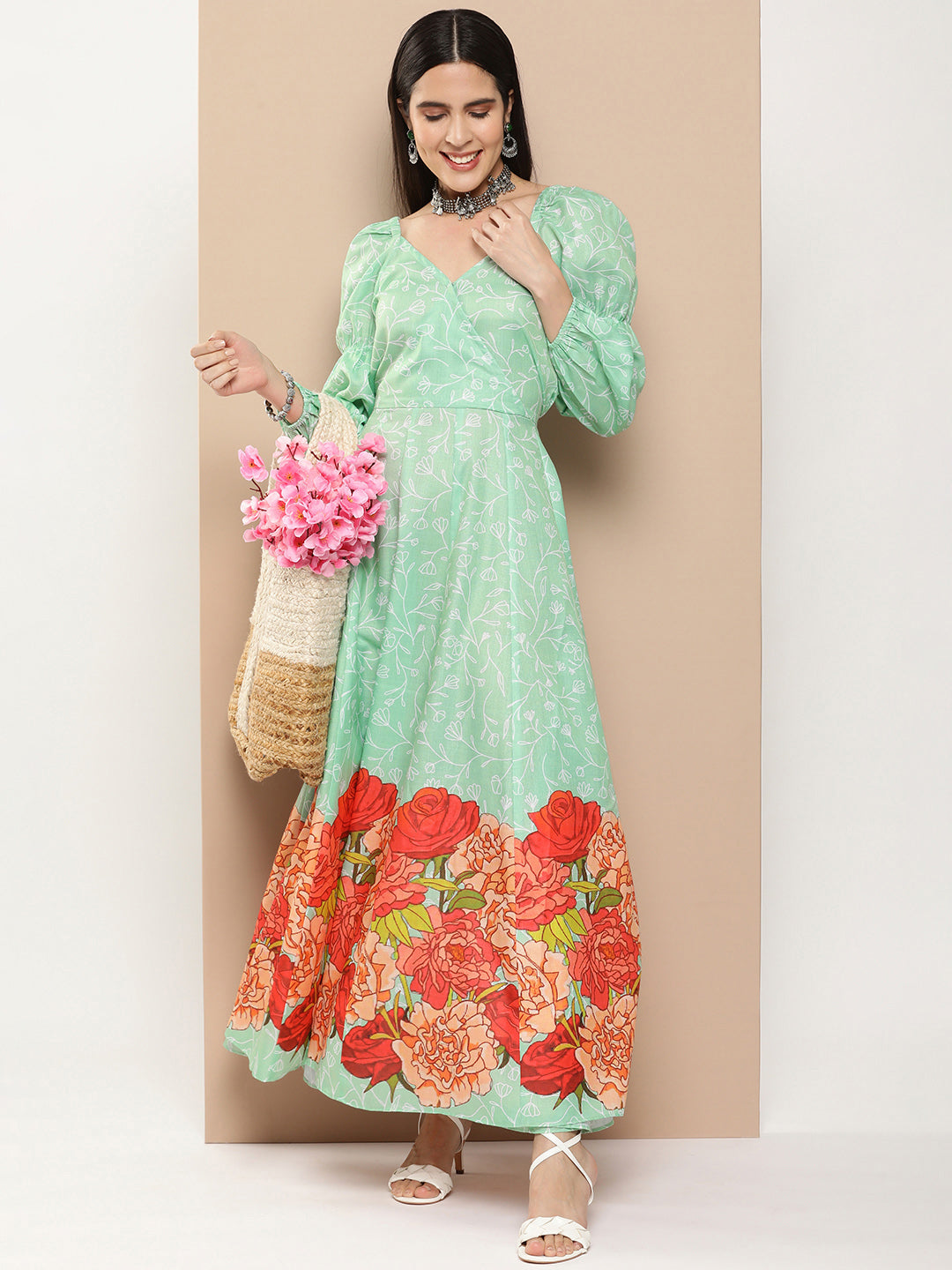 Women's Green Printed Long Dress With Waist Belt