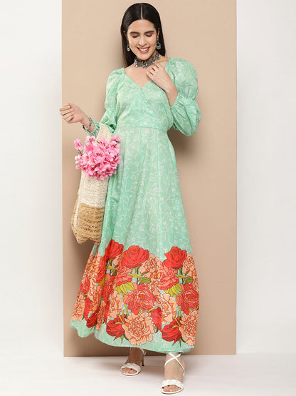 Women's Green Printed Long Dress With Waist Belt