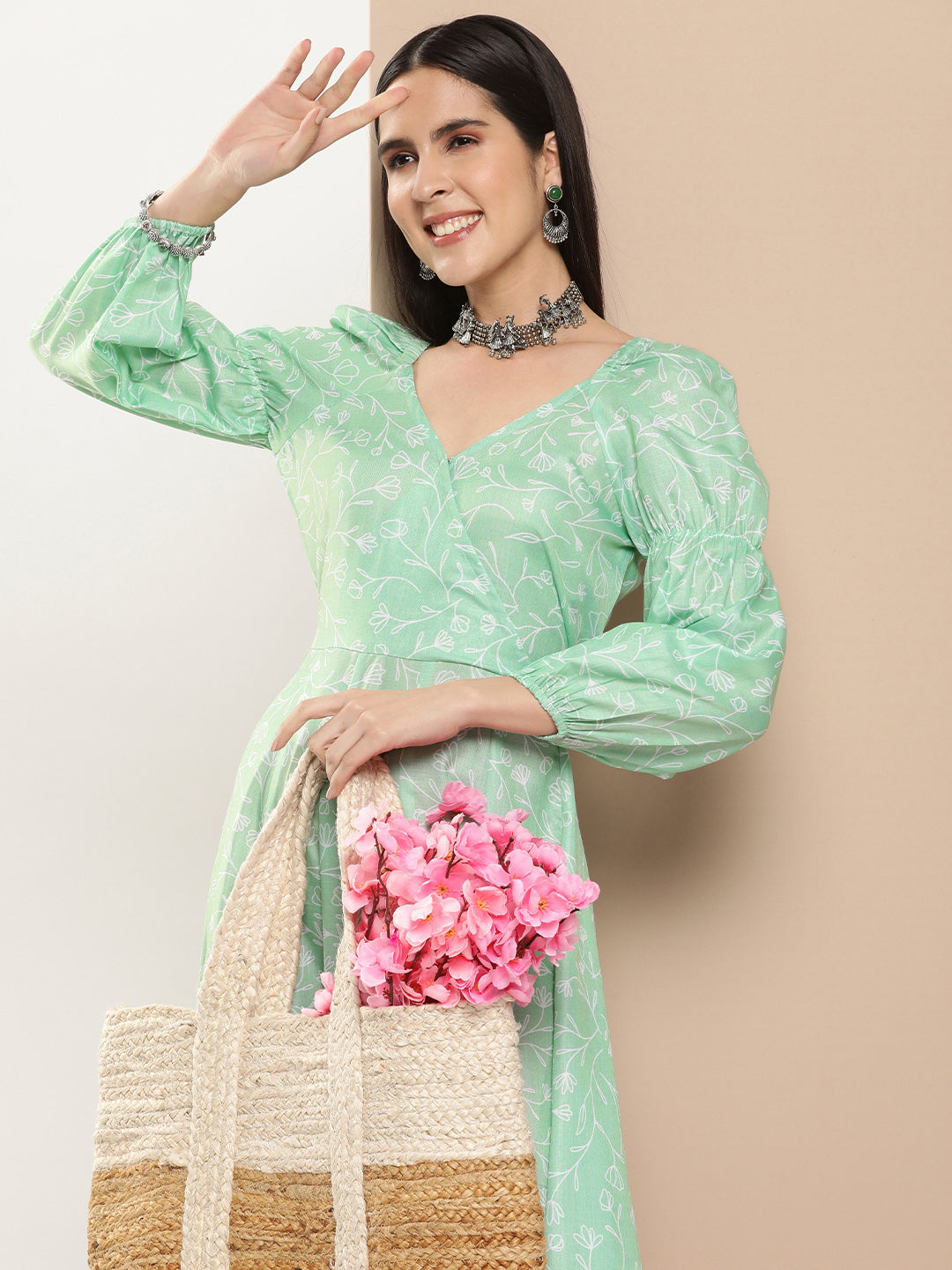 Women's Green Printed Long Dress With Waist Belt