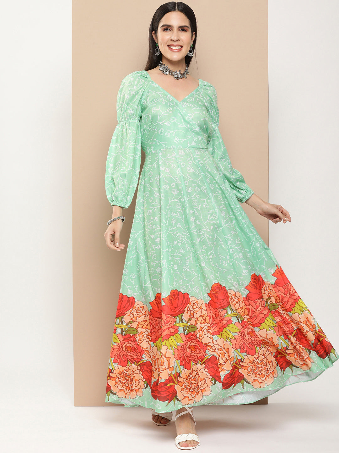 Women's Green Printed Long Dress With Waist Belt