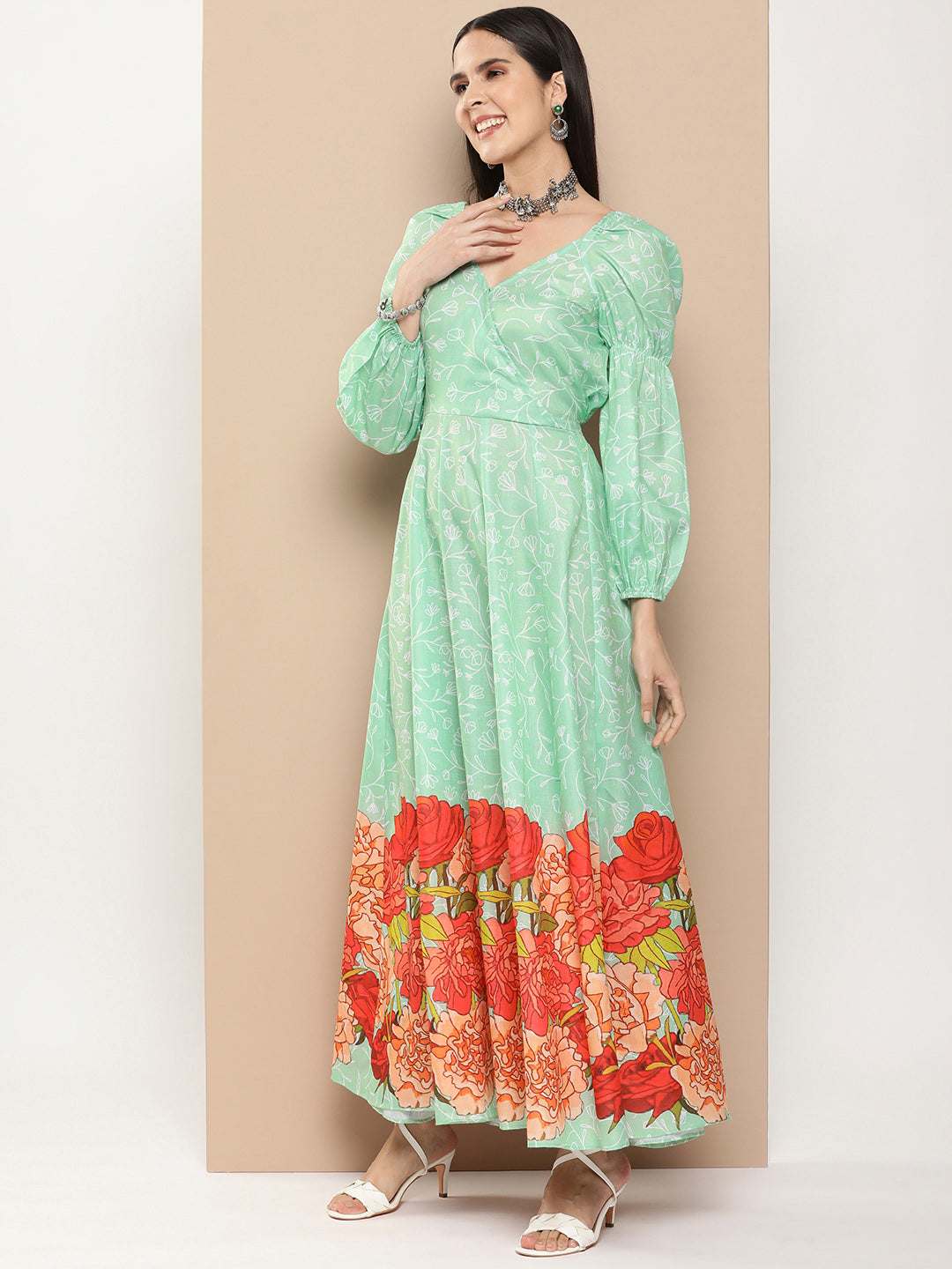 Women's Green Printed Long Dress With Waist Belt