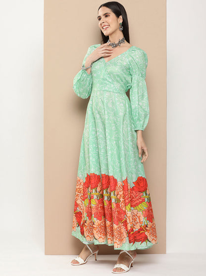 Women's Green Printed Long Dress With Waist Belt