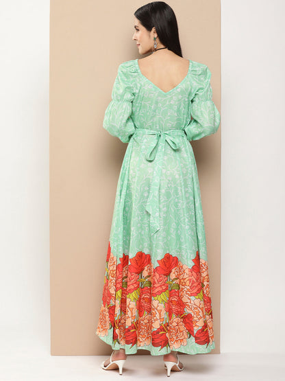 Women's Green Printed Long Dress With Waist Belt