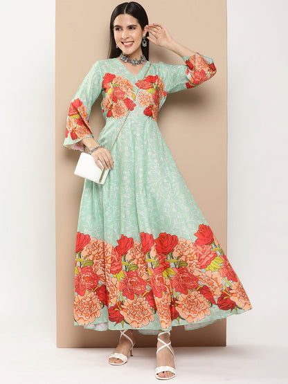 Women's Green Printed Long Dress With Waist Belt