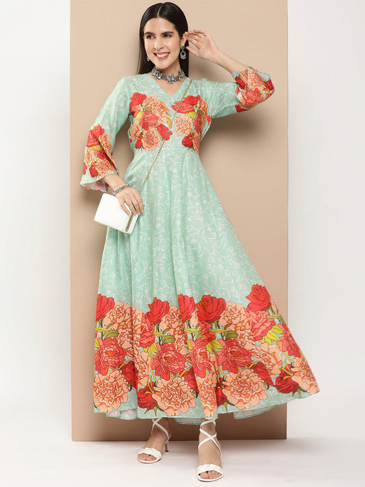 Women's Green Printed Long Dress With Waist Belt