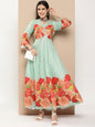 Women's Green Printed Long Dress With Waist Belt