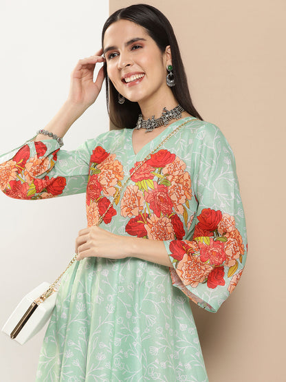 Women's Green Printed Long Dress With Waist Belt