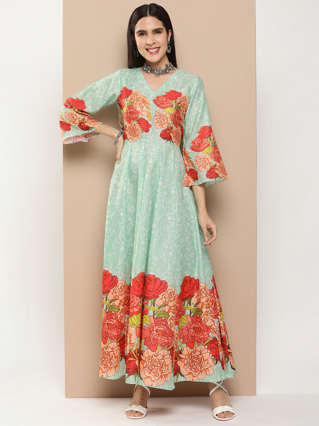 Women's Green Printed Long Dress With Waist Belt