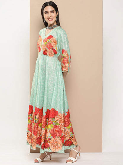 Women's Green Printed Long Dress With Waist Belt