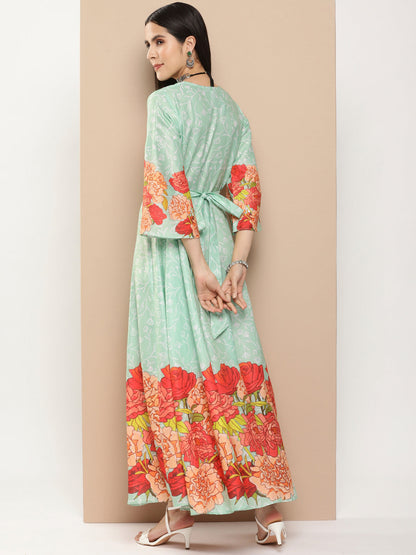Women's Green Printed Long Dress With Waist Belt