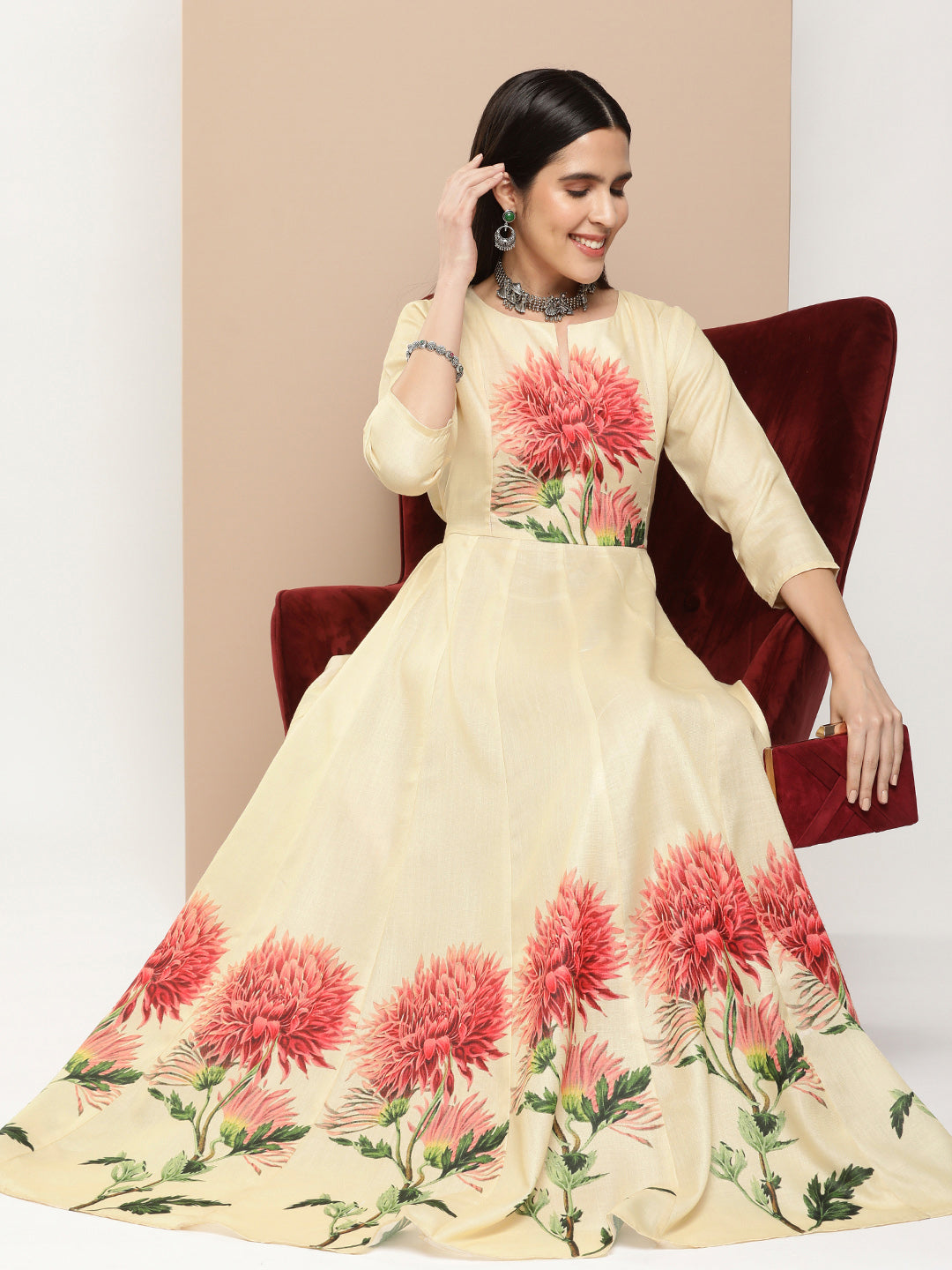 Women's Beige Printed Long Dress With Waist Belt