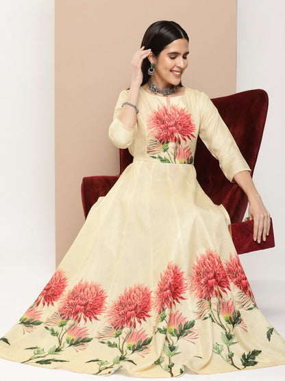 Women's Beige Printed Long Dress With Waist Belt
