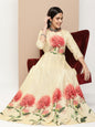 Women's Beige Printed Long Dress With Waist Belt