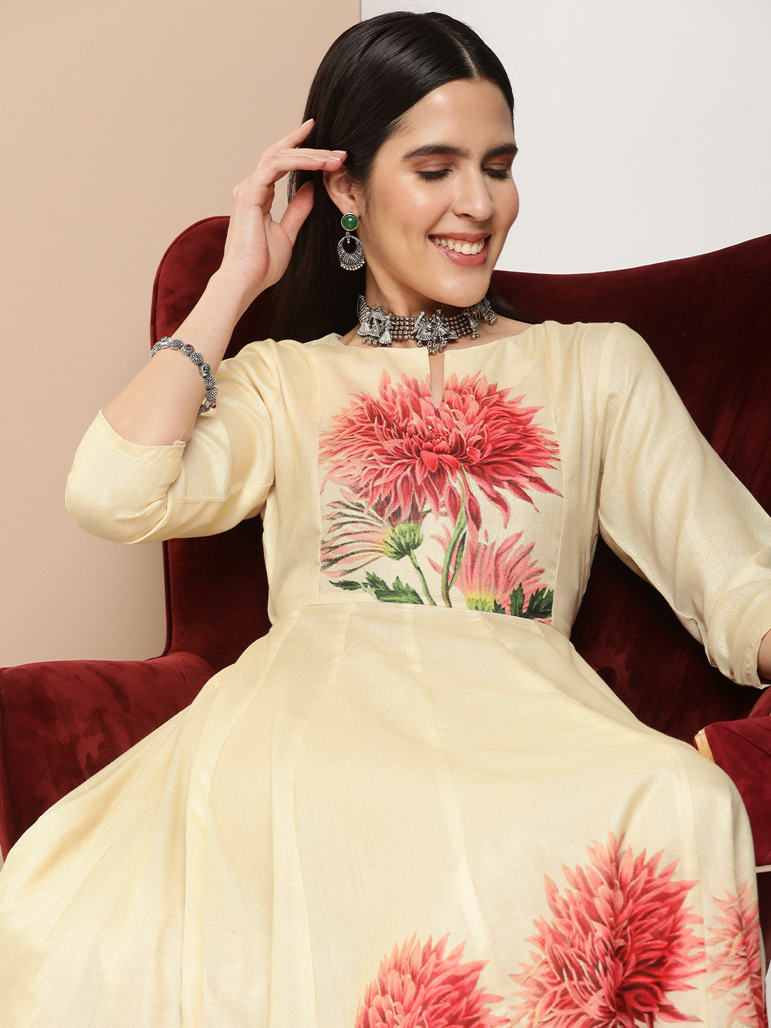 Women's Beige Printed Long Dress With Waist Belt